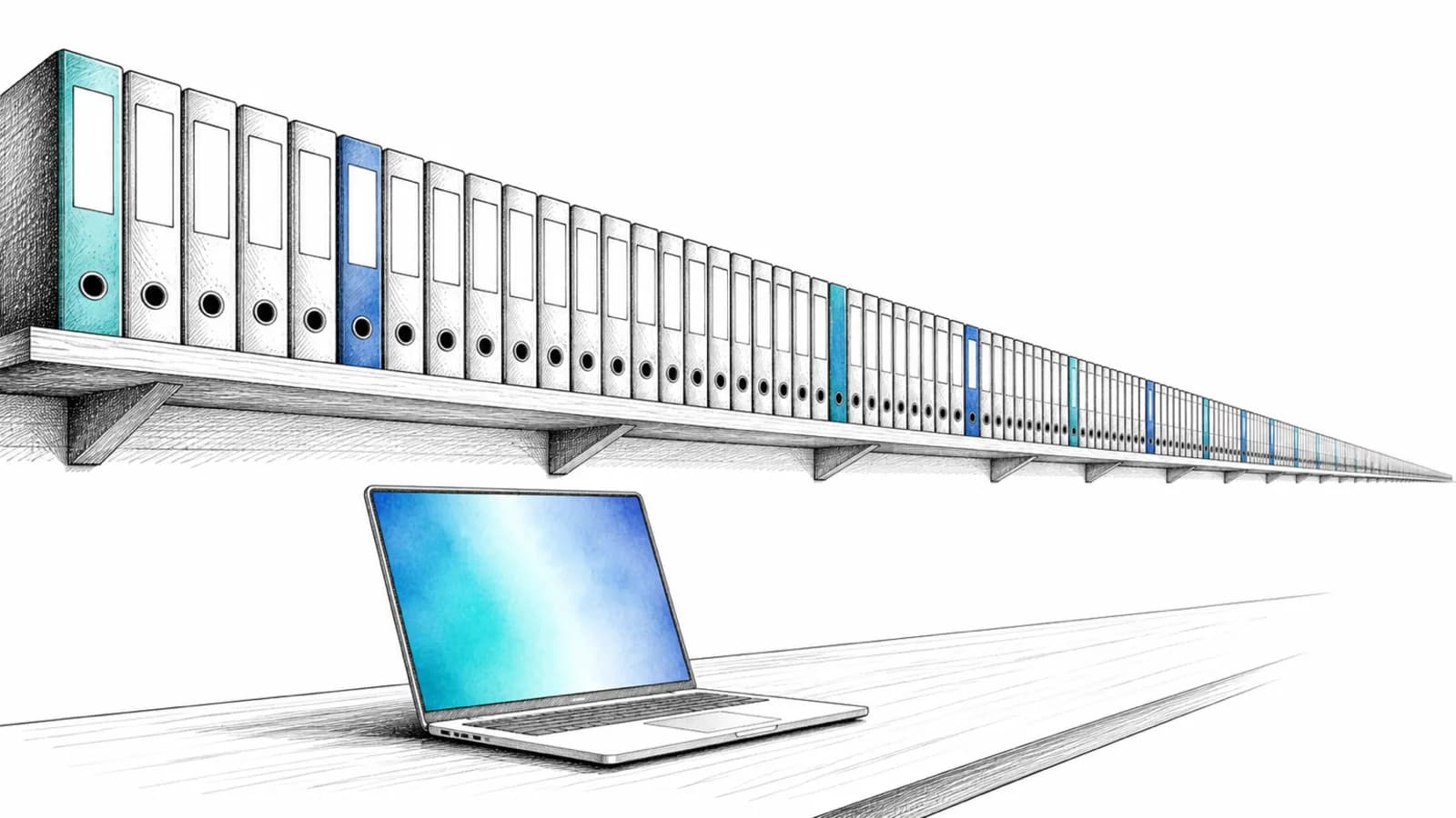 A long shelf of dozens of identical folders, each with a small tab, and a single screen on the desk below.