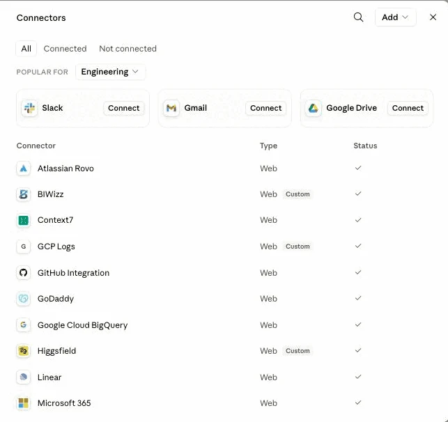 Panoul Conectori din Claude: BIWizz apare conectat, alături de Slack, Gmail și Google Drive