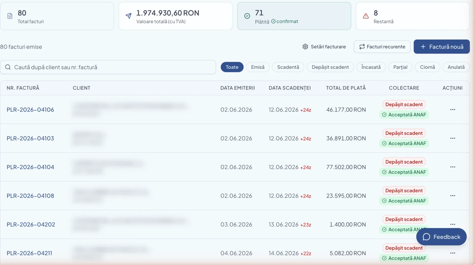 The issued invoices list in BIWizz, each with its e-Factura status “Accepted by ANAF” and its collection status