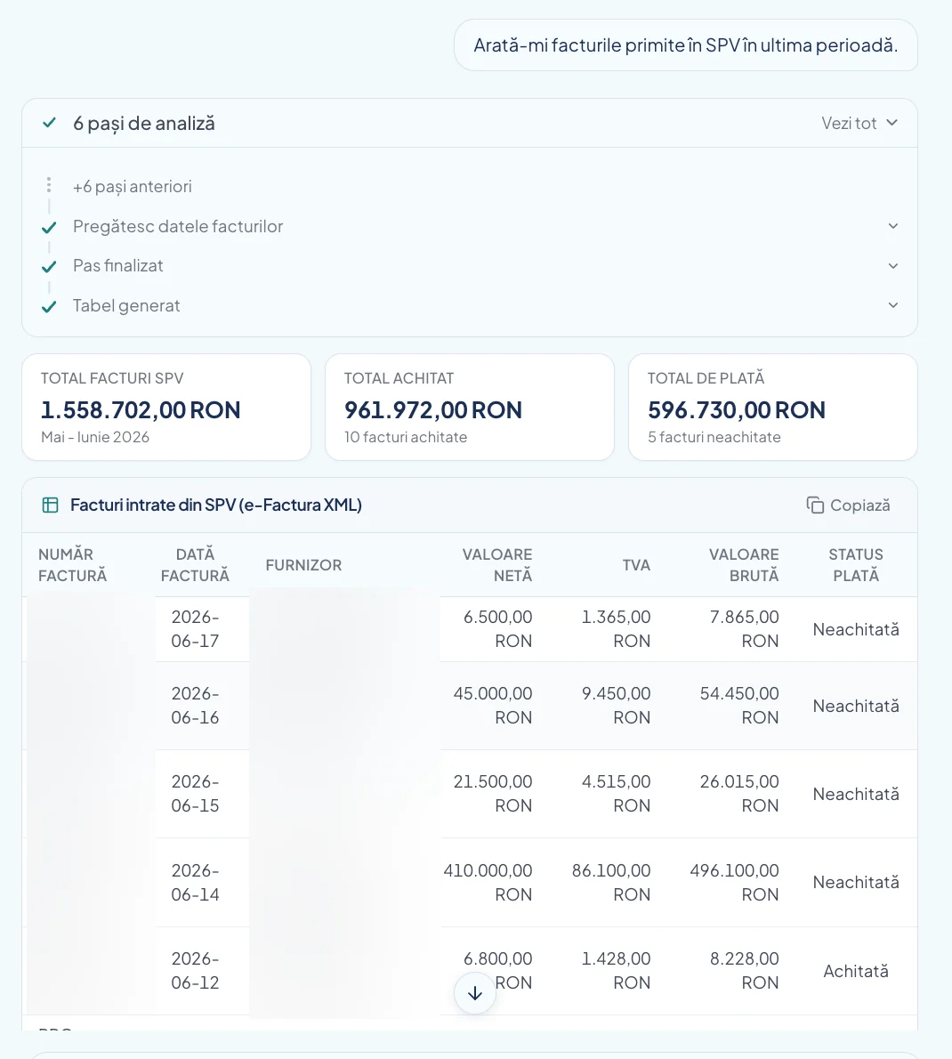 Received invoices from SPV (e-Factura) gathered in one place in BIWizz, with amount, VAT and status